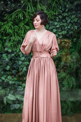 Silk Maxi Dress with Puff Sleeves, Gathered Bodice, and Corset Waist Detail for Elegant Evenings
